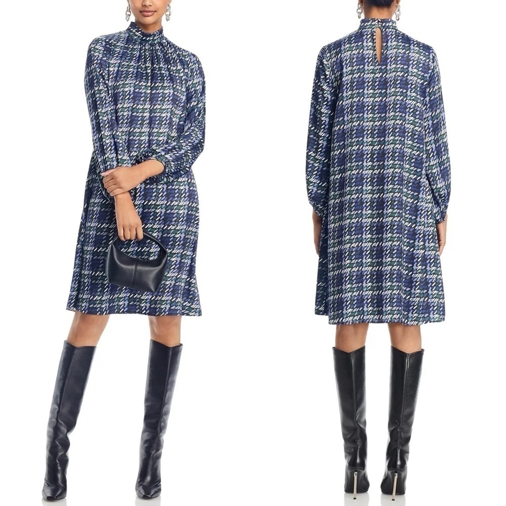 Misook Pleated Mock Neck Crepe de Chine Printed A-Line Dress